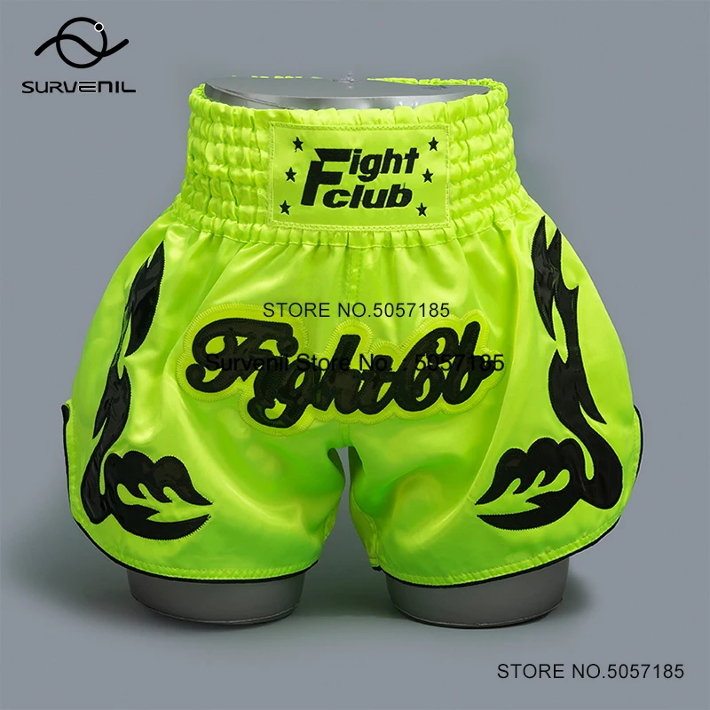 Muay Thai Shorts Fluorescent Green Boxing Shorts Men Women Child Embroidery Kickboxing Fight Pants Martial Arts Training Wear