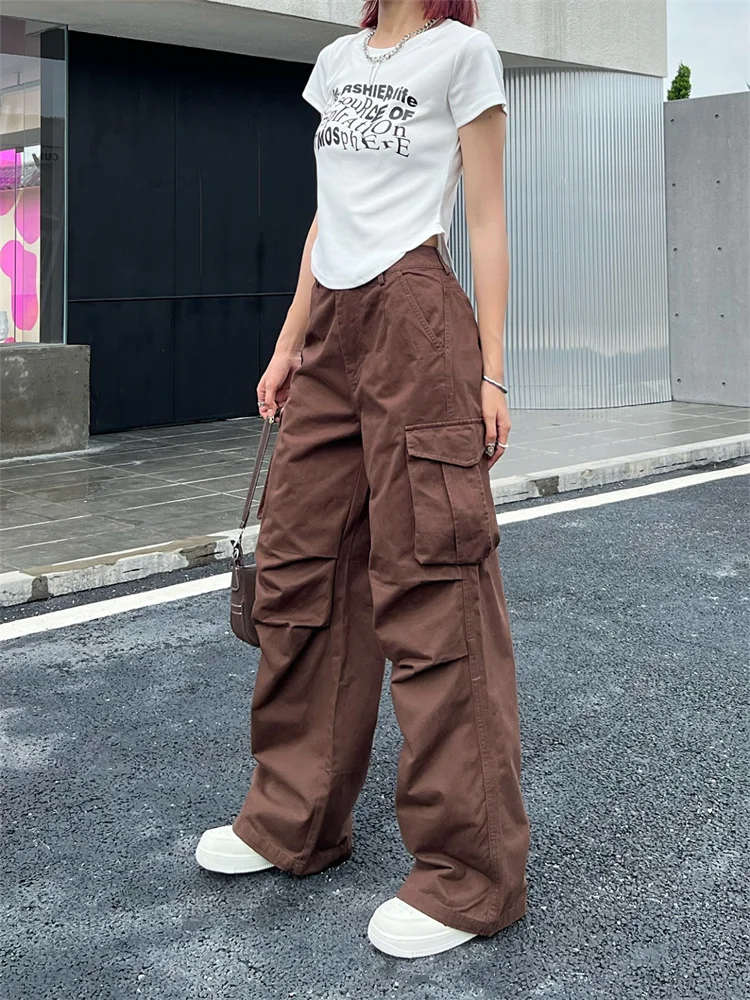 QWEEK Cyber Y2K Weiß Cargo Hosen Frauen Koreanische Stil Egirl Braun Breit  Bein Hose Übergroße Street Hip Hop Plissee Pantalon - AliExpress