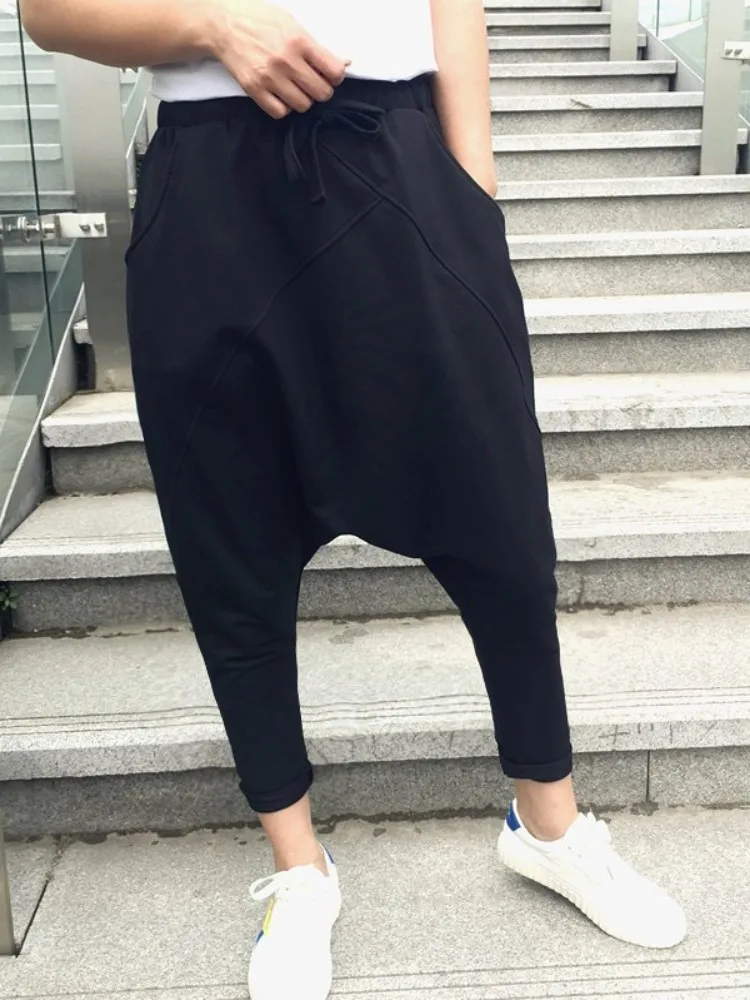 Hip Hop Mens Drop Crotch Casual Sweatpants Ankle Length Trousers Drawstring Loose Fit Spring Summer Men Streetwear Harem Pants 3