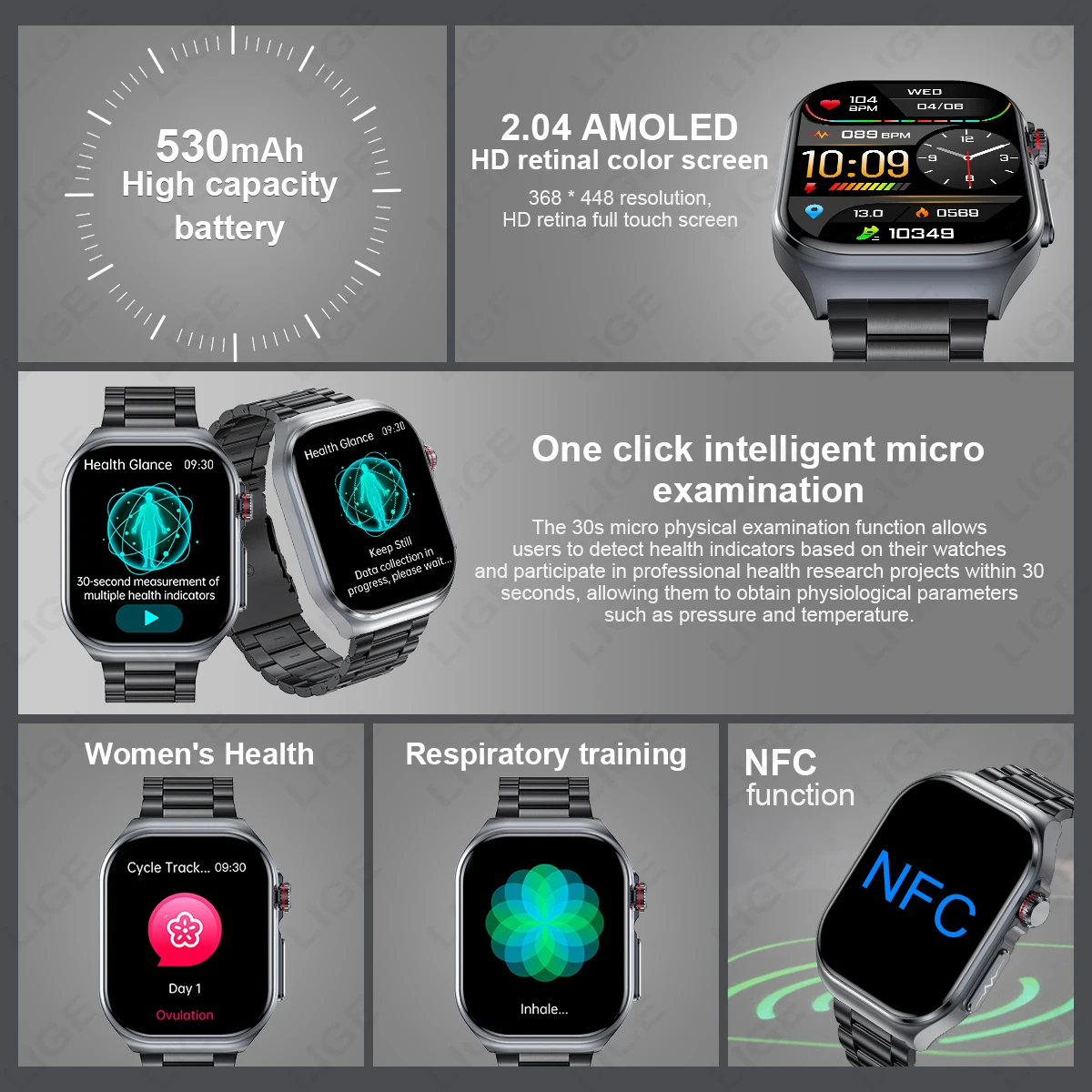 LIGE AMOLED Smart Watch ET585 Men ECG Blood Compositoin Health Monitoring Bluetooth Call Women Sports Fitness Tracker Smartwatch 3