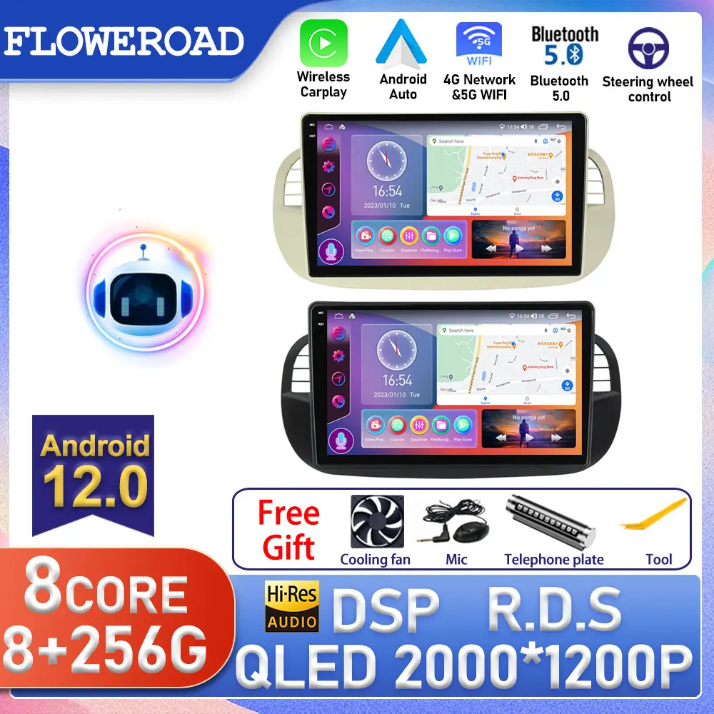 9 ''Android Autoradio Stereo Per Fiat 500 Monitor Navigazione Gps Controllo Del Volante Multimedia Carplay Auto Bt Wifi Camera