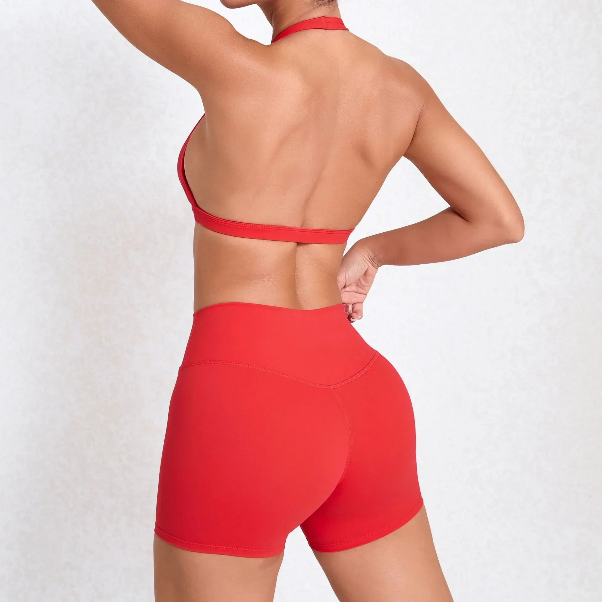 Wholesale Sportswear Woman Gym Set 2025 Sport Bra Shorts Outfit Yoga Clothes Fitness Clothing Kit Push Up Workout Activewear Red