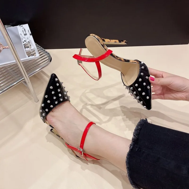 2024 Rivet Women Pointed Toe Pumps Ankle Buckle Strap Thin High Heels Shoes Sexy Design Banquet Prom Female Sandals