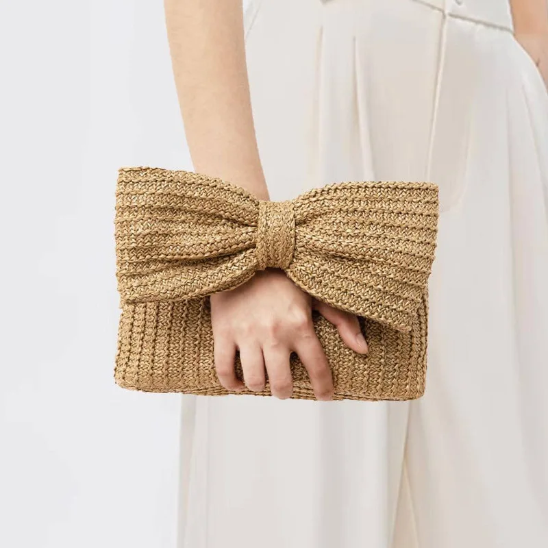 

2024 New Summer Straw Woven Clutch Bag Luxury Design Women Bow Purse Evenging Handbags Vacation Beach Tote Formal Party Wedding