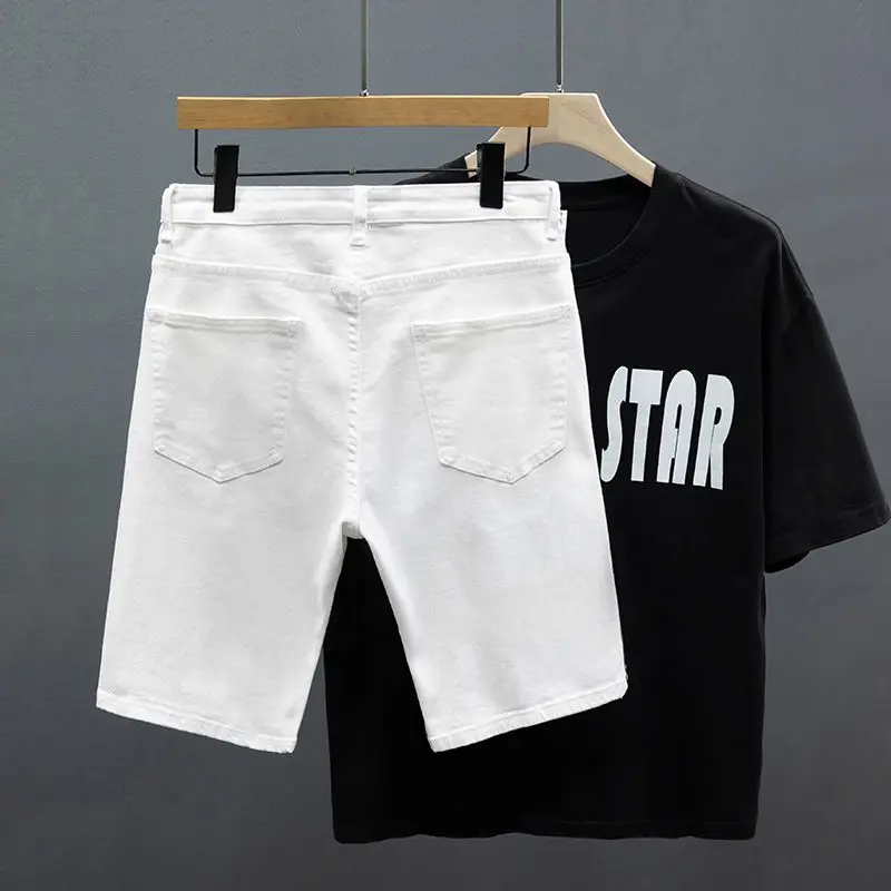 White Denim Shorts Men's Summer Fashion Ripped Soft Elastic Fit Straight Casual Korean Hole Short Jeans Hip-hop Streetwear 3
