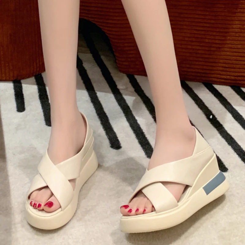 Lucyever 2022 Summer Wedges Sandals for Women Cross Strap Thick Bottom Casual Shoes Woman Open Toe Pu Leather Sandalias Female