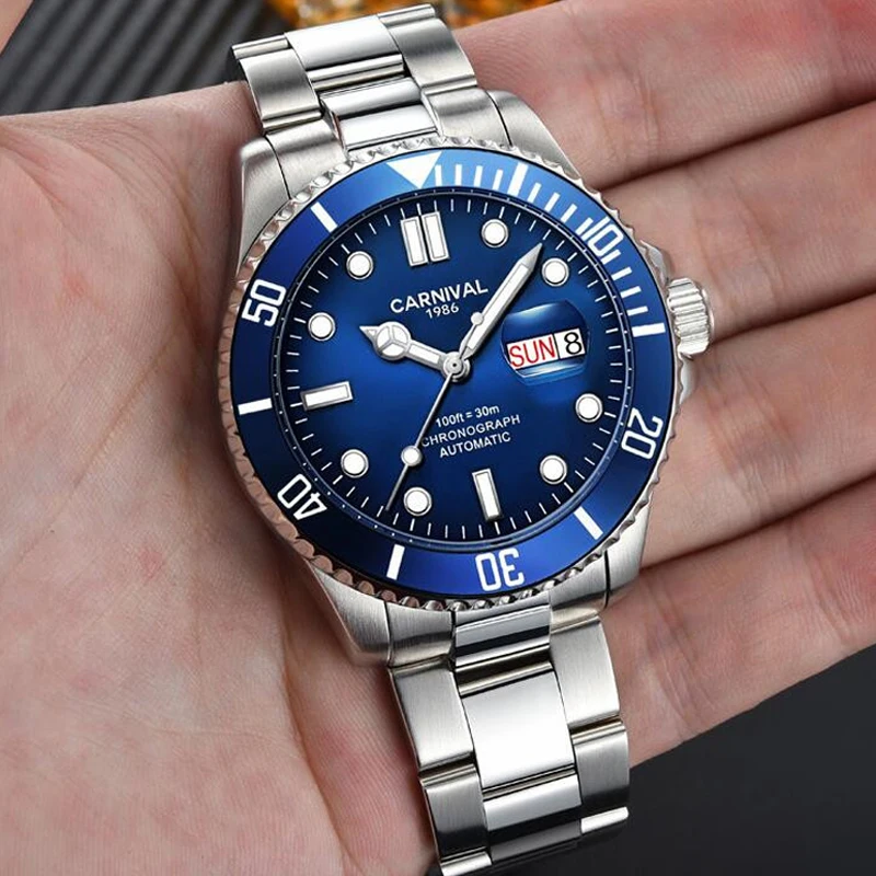 CARNIVAL Automatic Mechanical Watch Men's Fashion Sports Black Stainless Steel Waterproof Luminous Men Watches Reloj Hombre