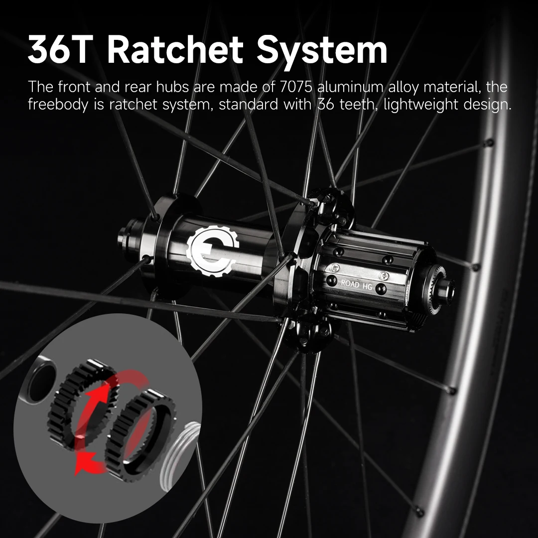Carbon Bike Wheelset 700c Road Bike 3K Twill Brake Surface Clincher Tubeless Ratchet System 36T Straight Pull Hub SLR