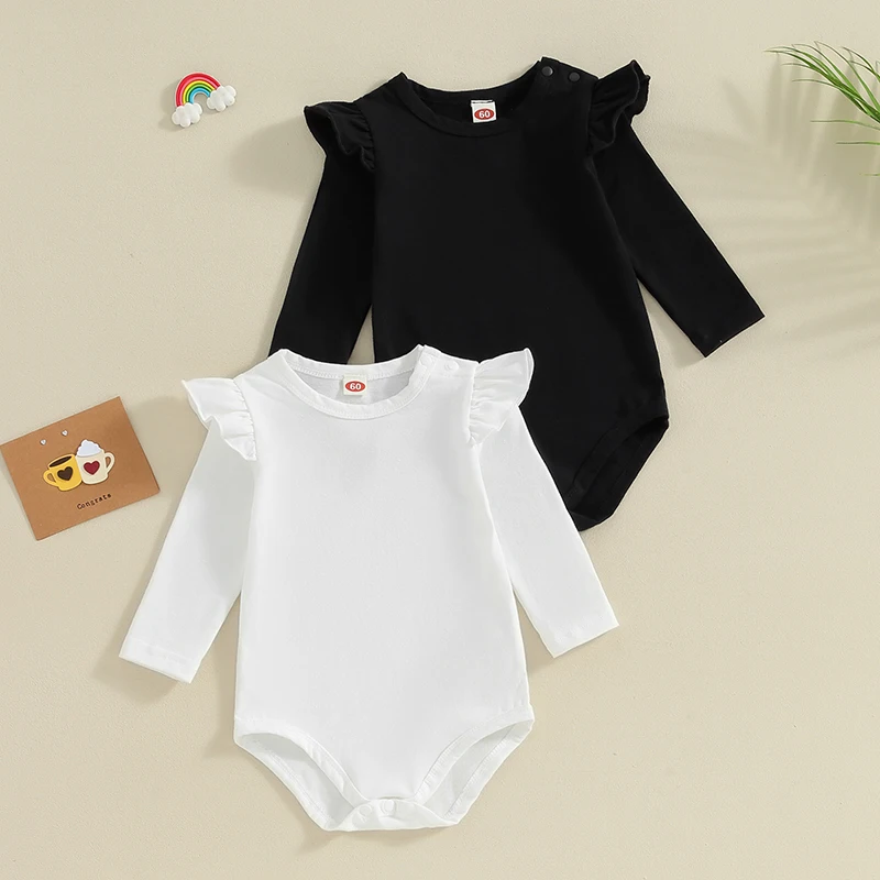

Baby Girls Romper for Spring Autumn Ruffles Long Sleeve Crew Neck Solid Color Bodysuits for Casual Daily