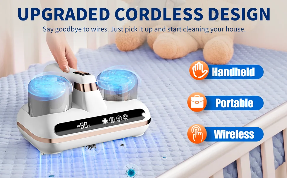 Description Picture 3 of item16KPa UV Mite Remover New Mattress Vacuum Cordless Handheld Cleaner Powerful Suction for Cleaning Bed Pillows Clothes Sofa