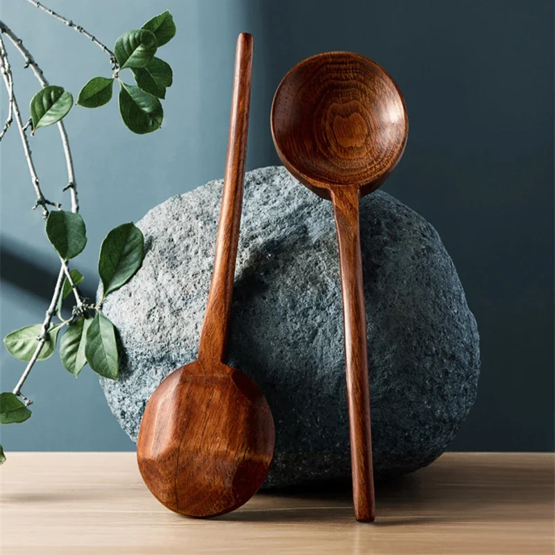 Round Wooden Ramen Spoon with Long Handle, Japanese Tableware,Serving Tablespoons,Large Soup Ladle,Home Kitchen Cooking Utensils