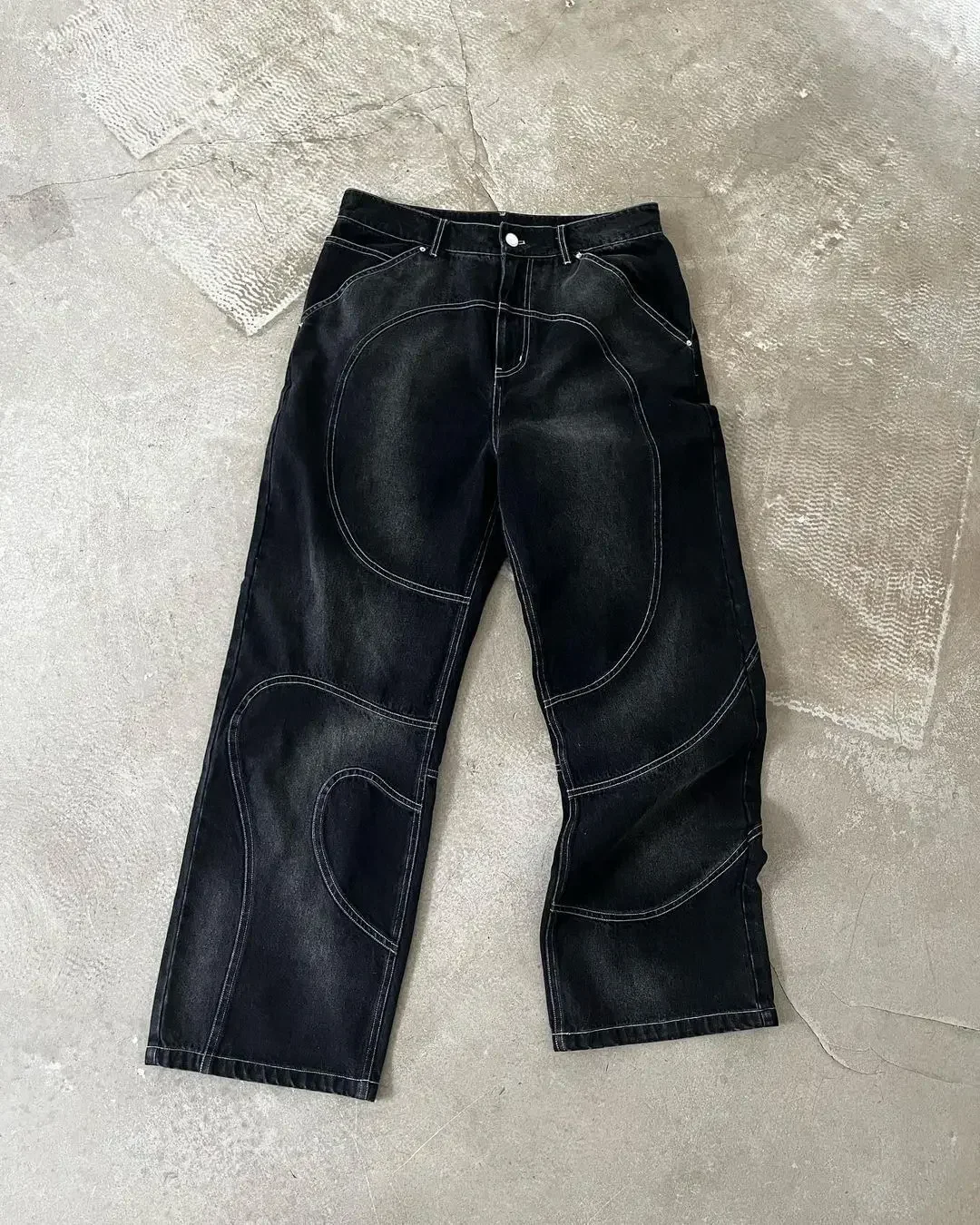 Street washed punk vintage men patchwork jeans Y2K fashionable loose fitting Gothic high waisted Harajuku straight leg pants 2