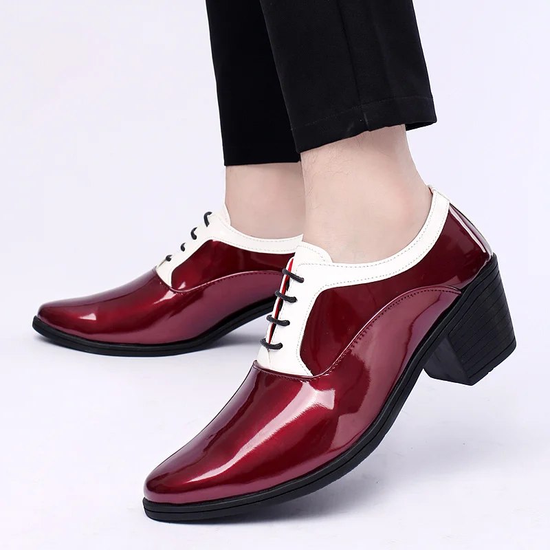 Classic Glitter Leather Men's Dress Shoes Fashion Red Mirror Luxury Shoes Men Increasing-height Heel Men Footwear