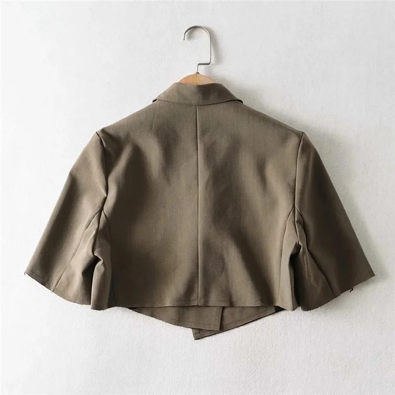 Street Indie Fashion Short Blazer Crop Tops Women Solid Colors Double Breasted Short Sleeve Blazer Sweet Casual Simple Outwear
