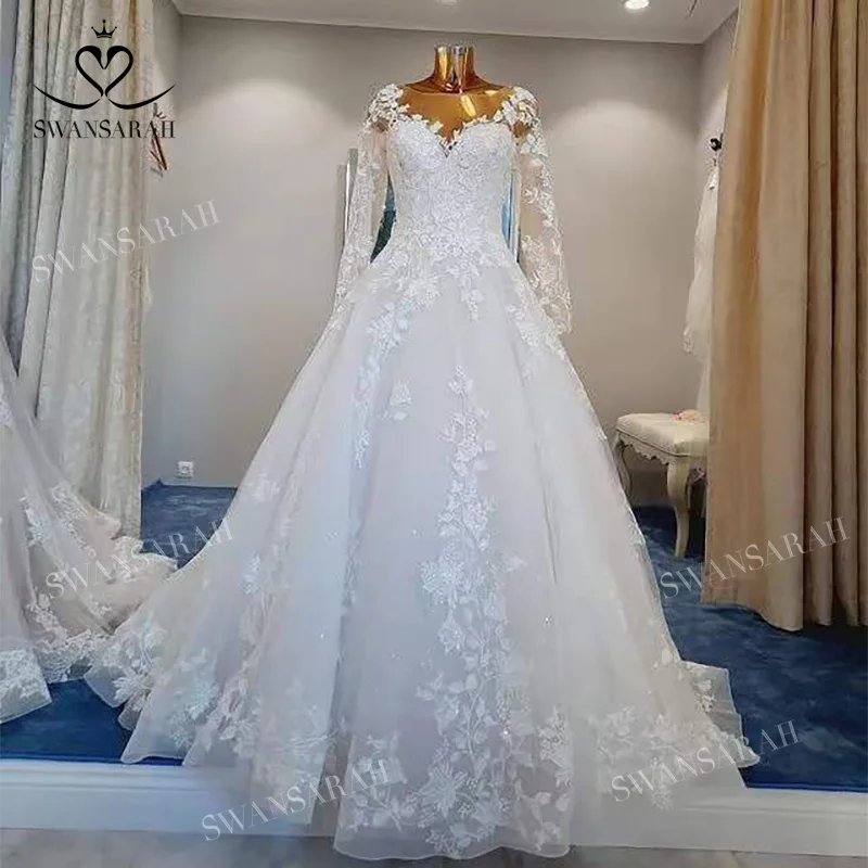 Vintage Long Sleeve Wedding Dress Appliqued A-Line Bride Gown Lace Princess SwanSarah N307 customized Vestido De Novia 4