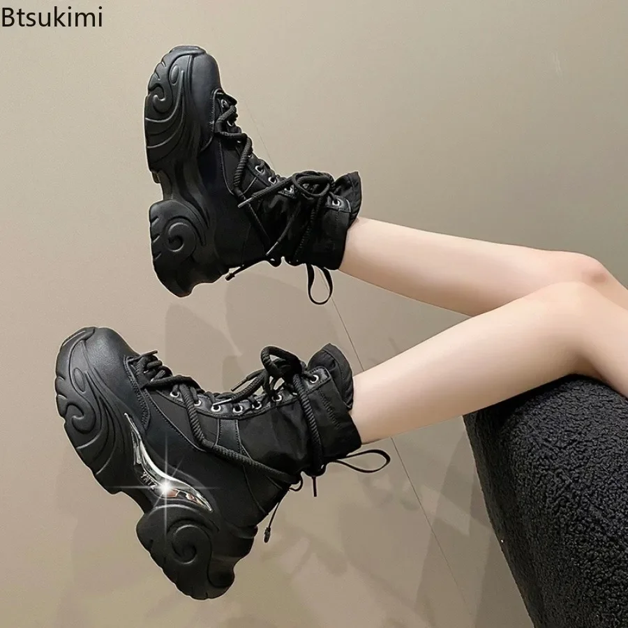 New 2024 Women's Chunky Platform Motorcycle Boots Women Solid Lace Up Thick Bottom Shoes Woman Autumn Winter Punk Ankle Booties