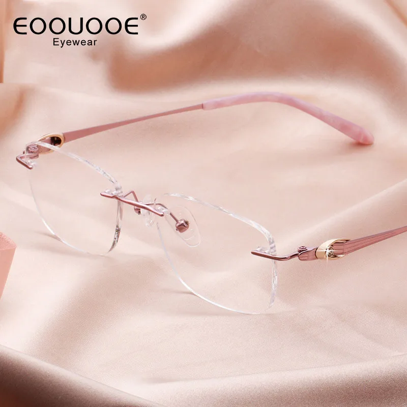 

Women Rimless Eyeglasses Fashion Pure Titanium Prescription Optics Diamond Design Frame Myopia Hyperopia Glasses Anti-Reflection