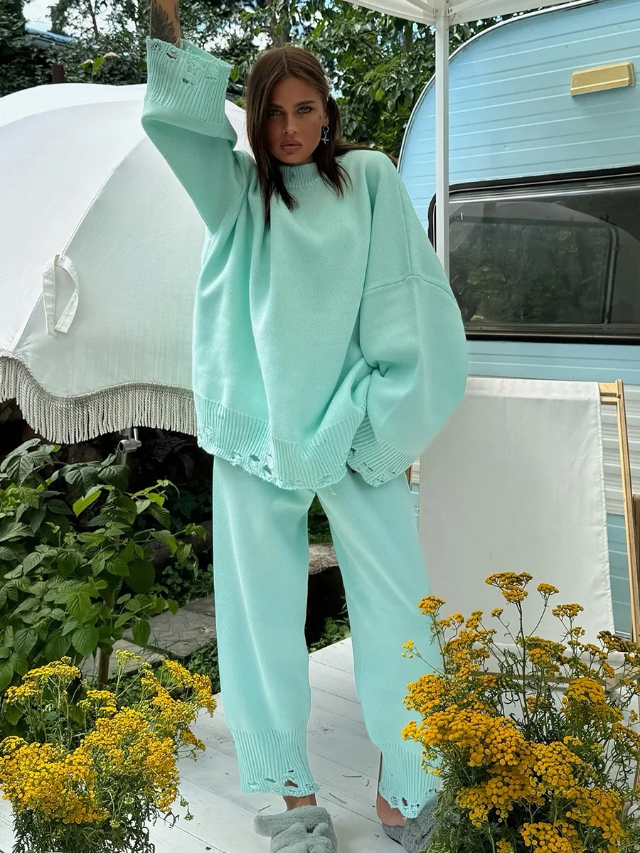 Two Piece Ripped Set Women Knit Tracksuits O Neck Long Sleeve Casual Baggy Sweatshirts+ Joggers Pants Outfits 2025 Fall Winter 3