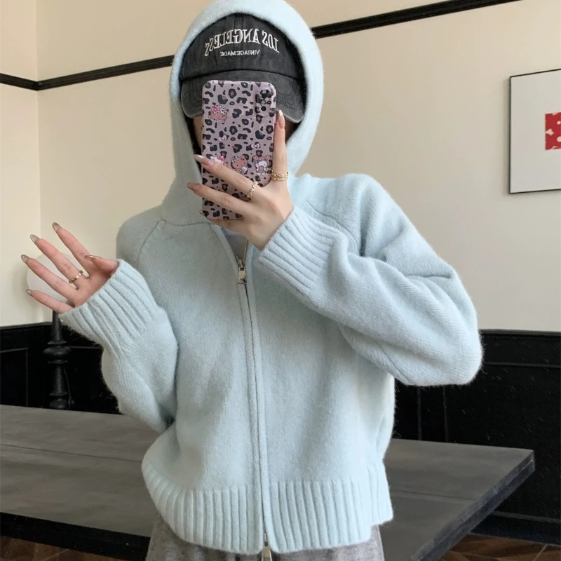 New Fashion Double Zipper Hooded Knitted Cardigan Women's Long Sleeved Sweater 2025 Autumn and Winter Solid Color Straight Coat