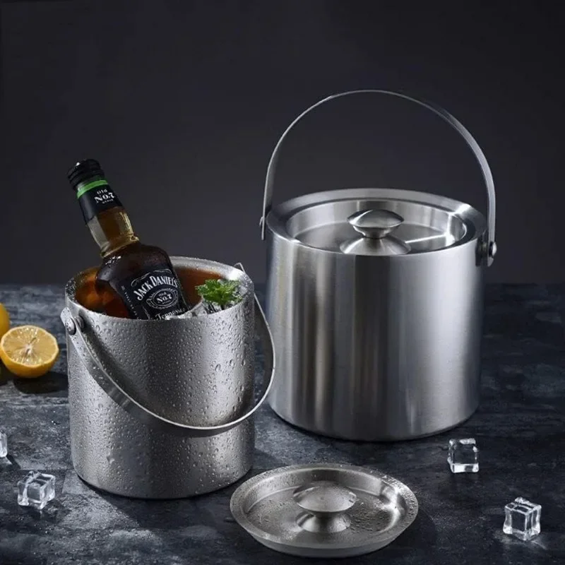 2.0L/3.0L Ice Bucket with Lid Strainer Tong Double Walled Stainless Steel Insulated Ice Bucket Container Cooler Good Sealing