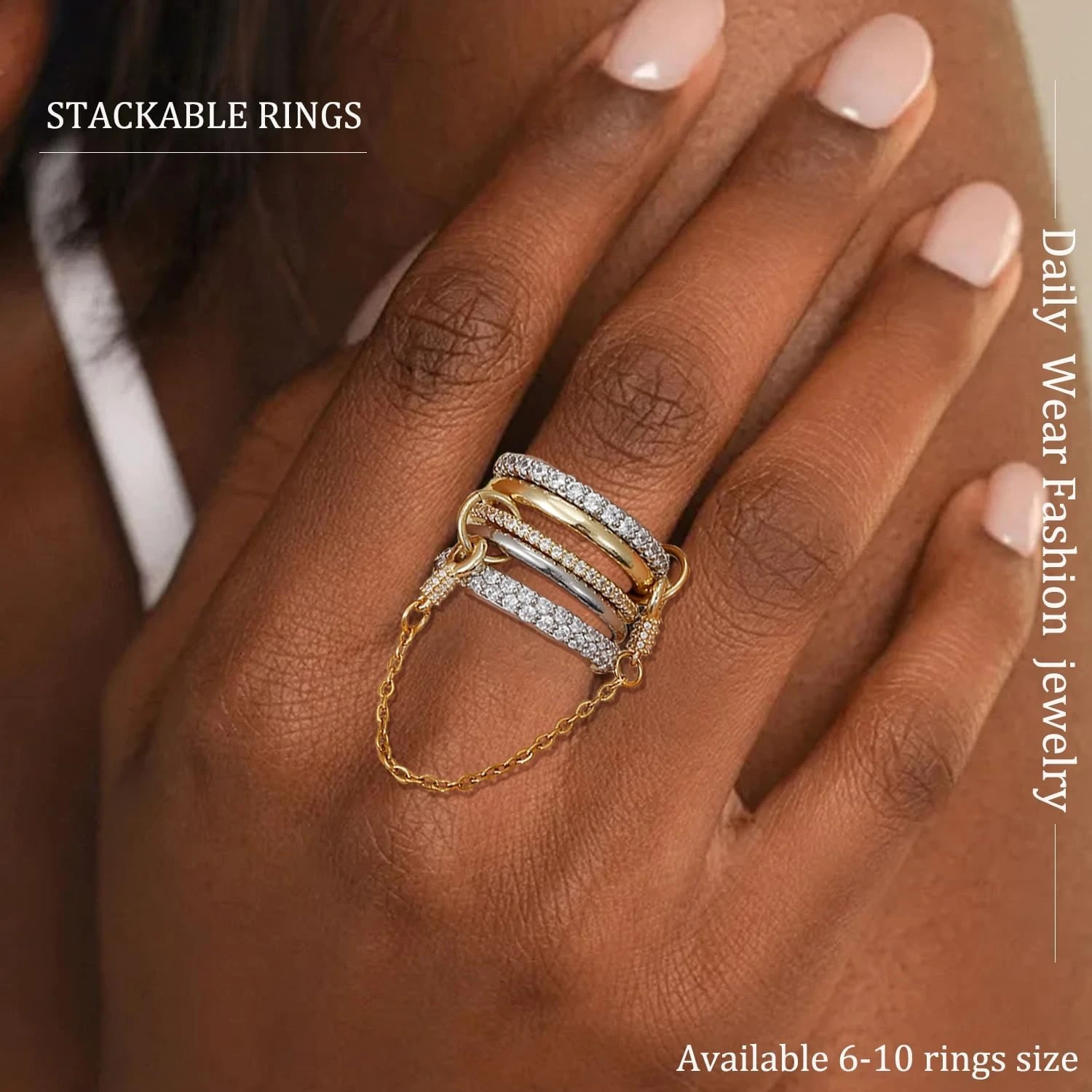 Elegant Gold Plated Interlocking Chain Rings with Cubic Zirconia - Set of 5