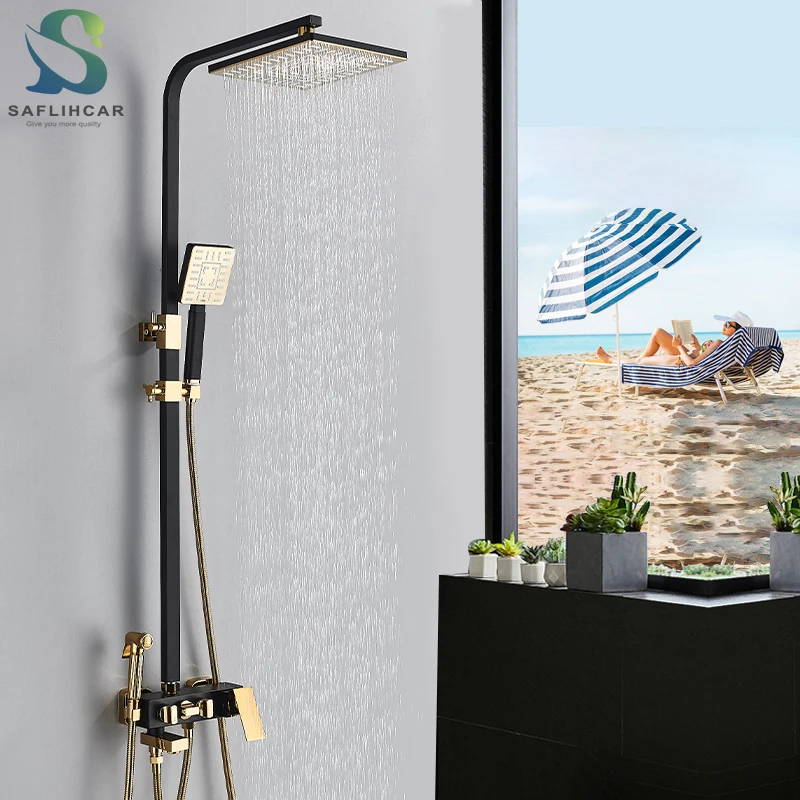 Description Picture 3 of itemGolden Black Rainfall Shower Faucet Bathroom Shower set system With Bidet Sprayer Tap Wall Mount Hot & Cold Water Mixer