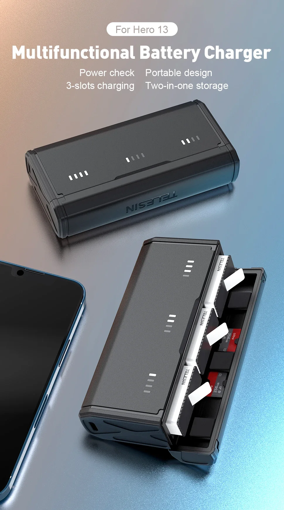 Description Picture 2 of itemTELESIN Portable Battery Charger for Gopro Hero 13 Black TF Card Storage 3-Slots Smart Charging Case Action Camera Accessories
