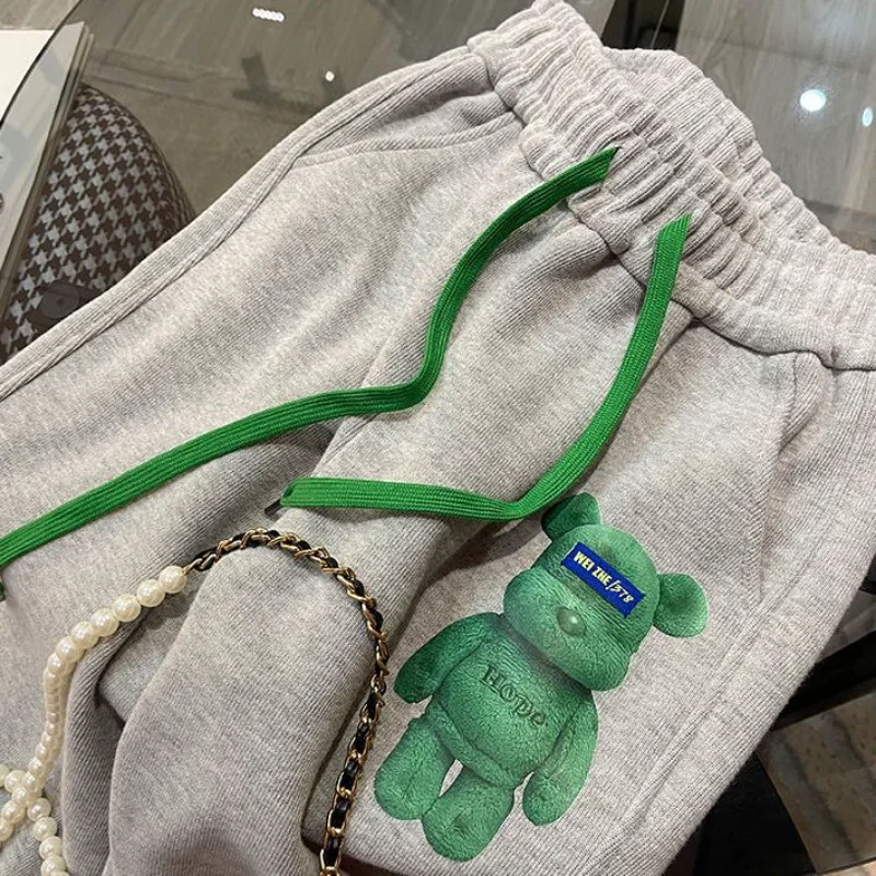 

New Thick Fleece Warm Winter Sweatpants High Street Vintage Bear Cartoon Cute Harem Pants Streetwear Women Girls Korean Harajuku