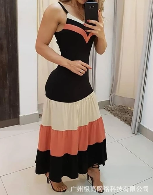 

2024 Summer Fashion Casual Women's Dress Elegant Commuting Contrast Colored Patchwork Spaghetti Strap V-neck Tight Maxi Dress
