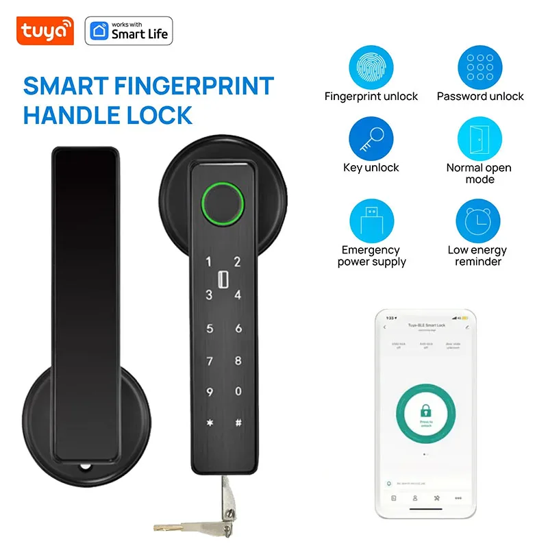 กุญแจล็อคอัจฉริยะ Tuya แบบสแกนลายนิ้วมือ ระดับการรักษาความปลอดภัยระดับการเงิน สำหรับใช้ภายในอาคาร ปลดล็อคด้วยรหัสผ่าน/กุญแจ/แอป Tuya/บลูทูธ เหมาะสำหรับห้องน้ำและห้องนอน 1