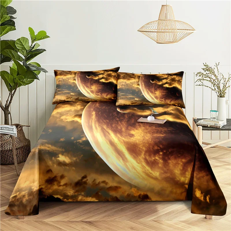 Galaxy Cosmic Planets Bed Sheet Set Soft Polyester Bed Flat Sheet With Pillowcase Romantic Universe Print Bed Sheet Home Textile