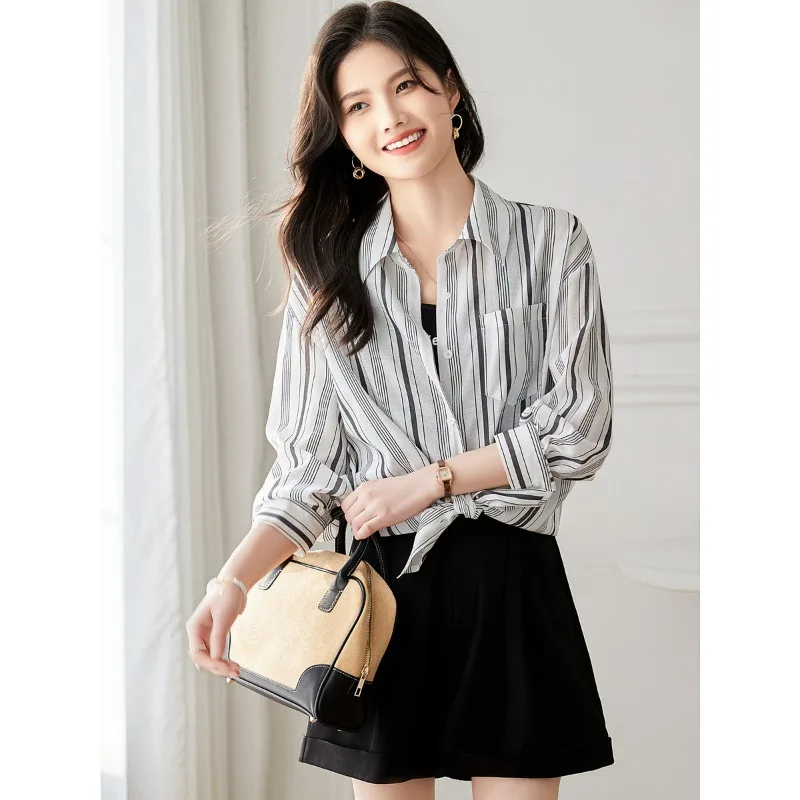 Korean Fashion Striped Loose Fitting Shirt 2024 Women's Spring New Casual Versatile Single Breasted Shirt Top Female Clothing