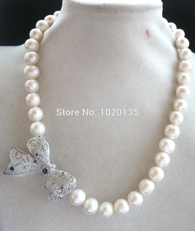 

fashion 10mm white freshwater shell pearl bowknot necklace 18.5“inch Blue bow
