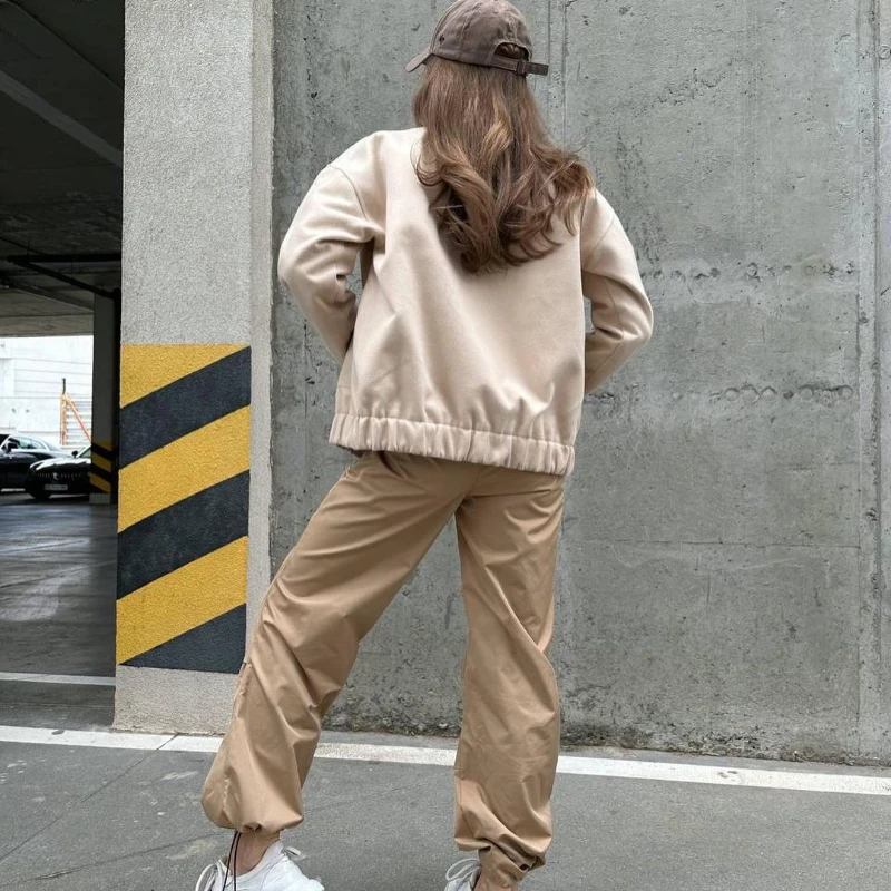 Women Bomber Jacket Spring Autumn Coat Single-breasted Long Sleeve Office Ladies Clothing Stand Collar Pockets Loose Outerwear