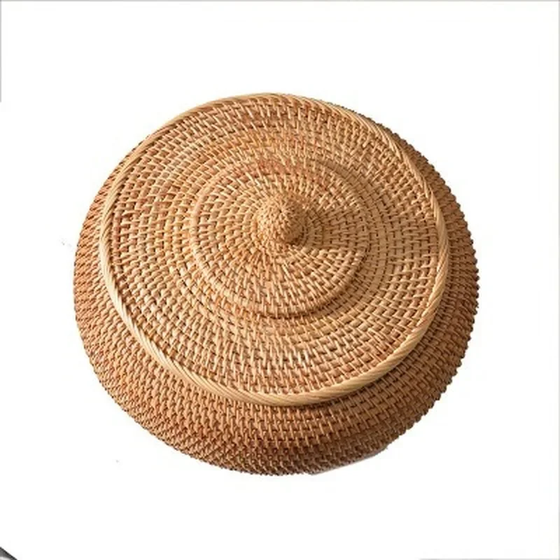 Round Rattan Boxes with Lid Hand-Woven Multi-Purpose Wicker Tray 11 Inch Picnic Food Bread Table Storage Basket WF Ring box Desk 5