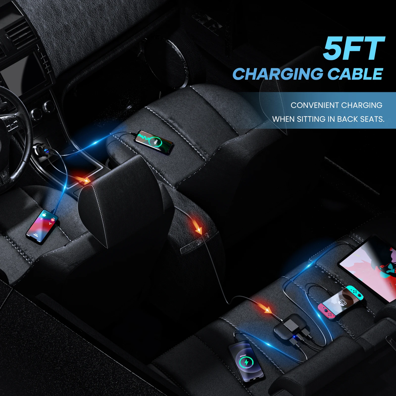 LENCENT 5 Multi Ports Type C Car Charger with 5FT Cable 3 USB A and 2 Type C Charger Adapter Compatible with Samsung iPhone iPad