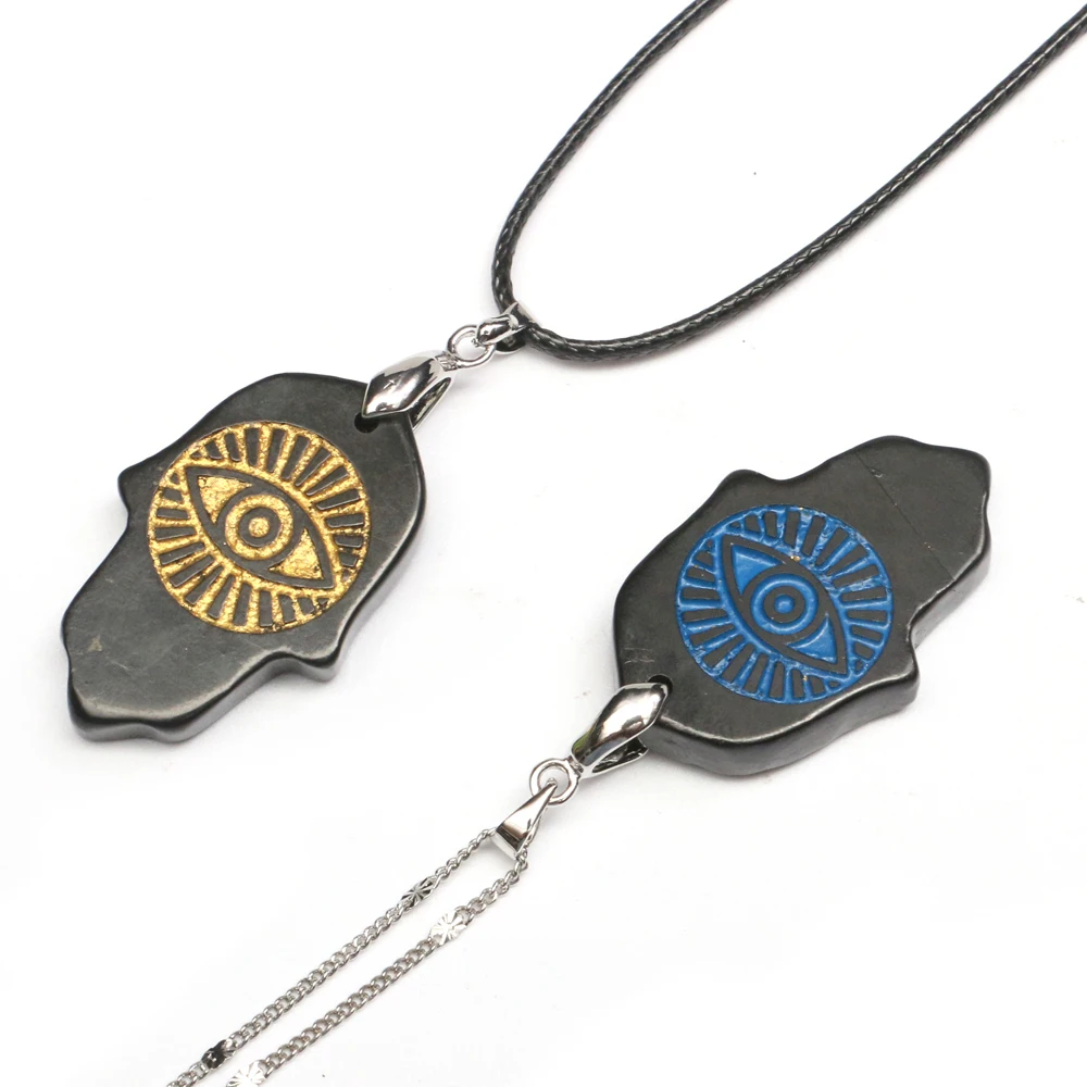 

Mineraali Natural Shungite Crystal Gemstone Necklace Hand Shape Evil Eye Pendant Healing Jewelry Energy Protection Wiccan Stones