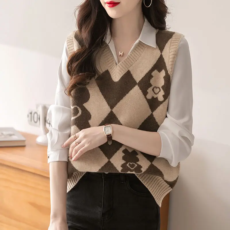 

Autumn and Winter Women's Pullover V-neck Patchwork Printing Screw Thread Loose Fashion Casual Elegant Sleeveless Vest Sweater