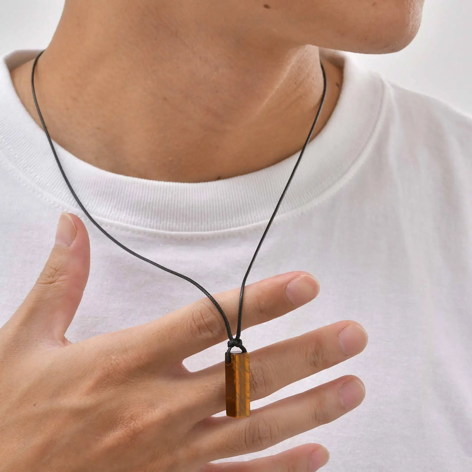 Green Healing Natural Stone Necklace for Men,Cylinder Pendant with Black Leather Long Wax Rope Collar,Sweater Chain Gift