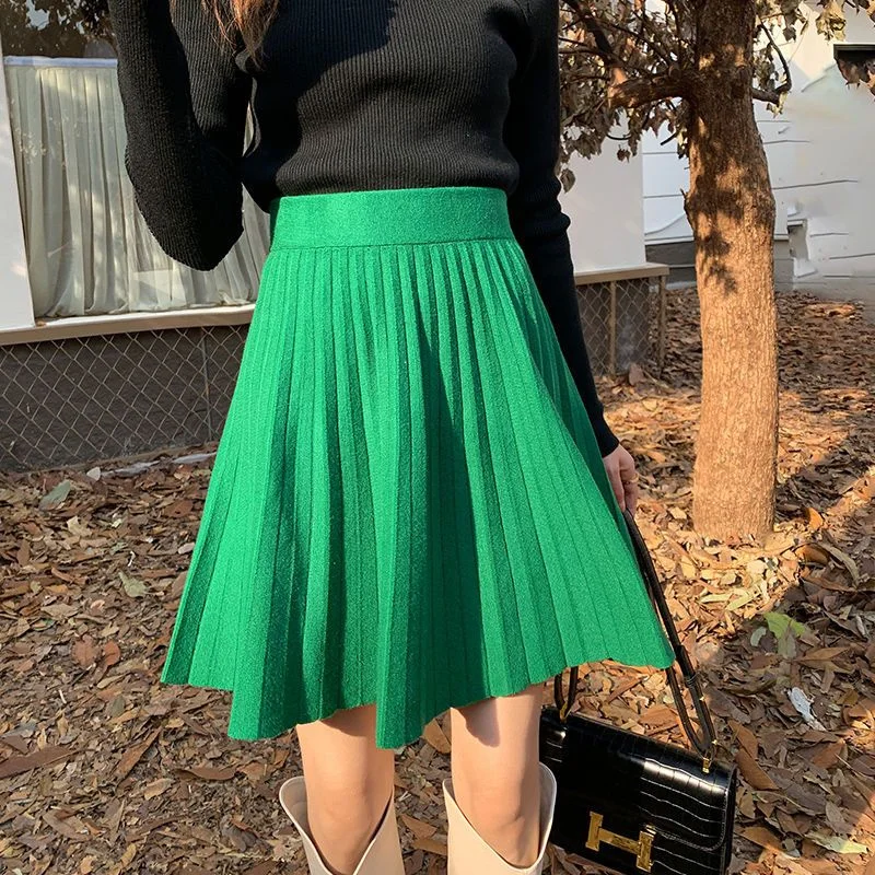 Women Skirt Short Green Beige Black Knitted Pleated Skirt A-Line