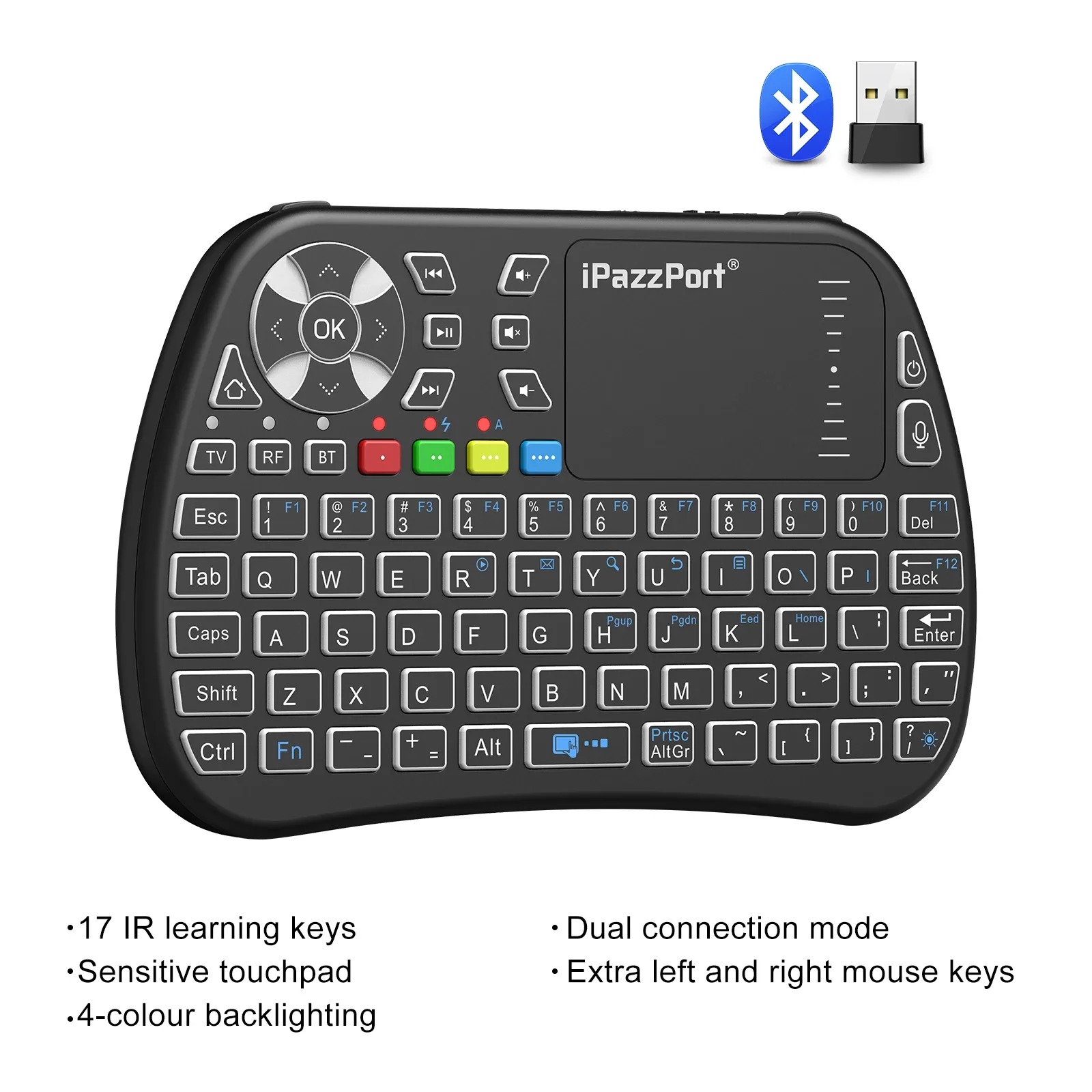 Mini clavier Bluetooth iPazzPort avec pavé tactile, 2,4 GHz, rétroéclairage, rechargeable, compatible avec Smart TV, Android TV Box, PC
