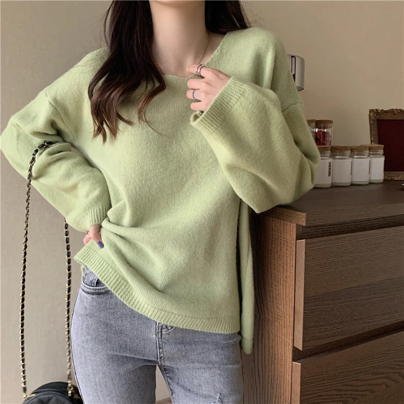 V-neck Pullovers Women Solid Candy Colors Sweet Harajuku High Street Loose-fit Long Sleeve Sweaters Ulzzang Knitted Pullover Ins striped sweater