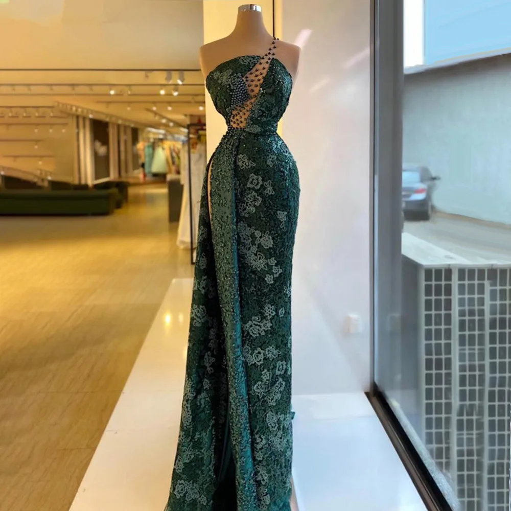 

Dark Green Pearls Mermaid Evening Dresses One Shoulder Sleeveless Prom Gowns Custom Made Appliques Flowers Split Party Dresses