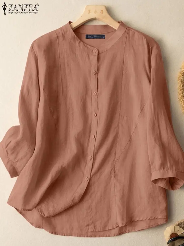 

2023 ZANZEA Spring Summer Women Shirt Elegant OL Blouse Causal 3/4 Sleeve Solid Work Blusas Female Tunic Tops Oversize Chemise