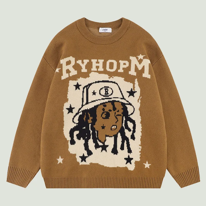 

Streetwear Men's Knitted Sweaters Retro Harajuku Cartoon Portrait Letter Printed Jumper Oversized Casual O-Neck Pullover Unisex