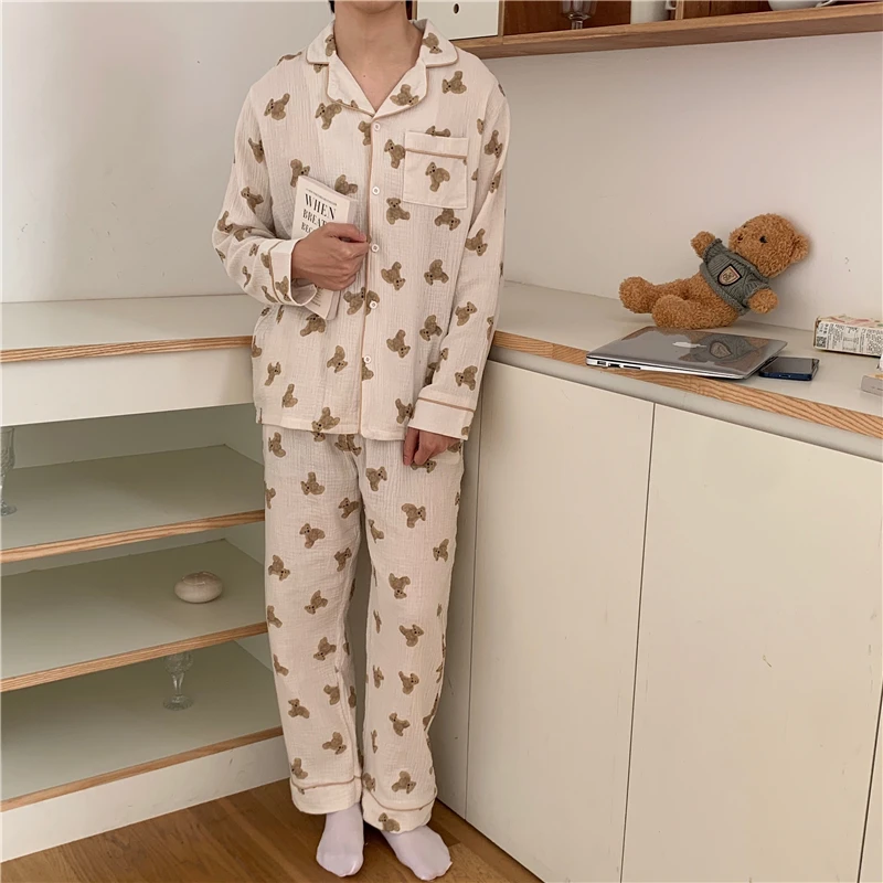 Couple Lovers Kawaii Cotton Autumn Pajamas Women Korean Casual Two Piece Set Home Suit Sleepwear Pockets Vintage two pieces set