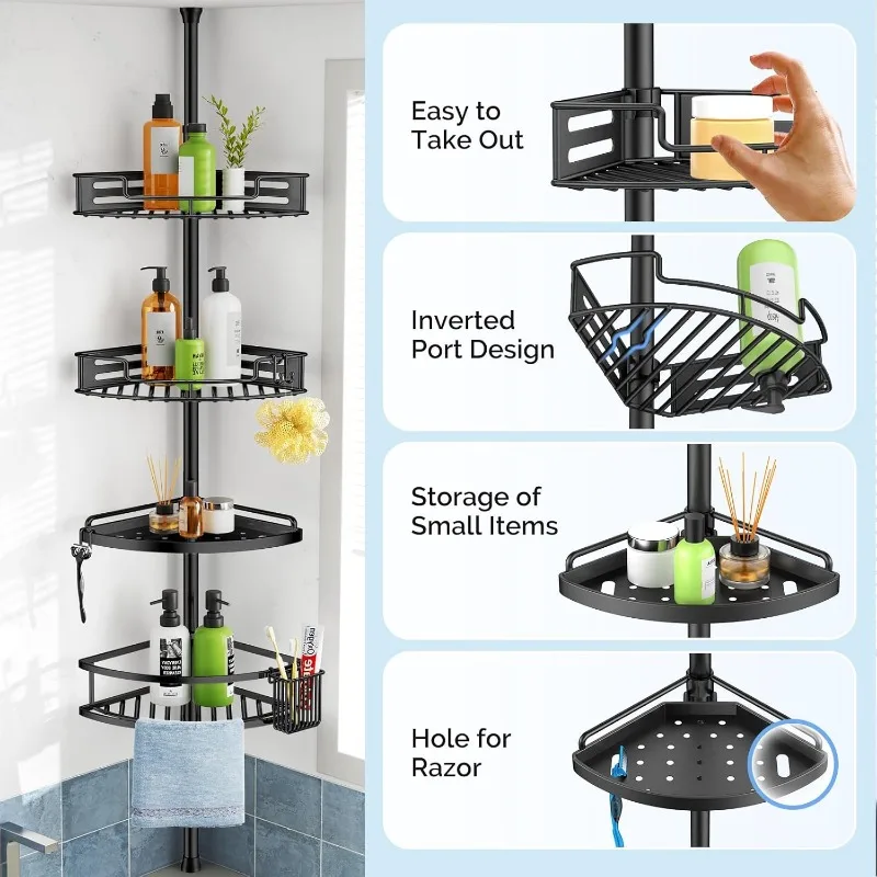 Corner Shower Caddy Tension Pole: Quick Installation 4-Tier Rustproof Bathroom Organizer Shelves for Bathtub Shampoo Storage