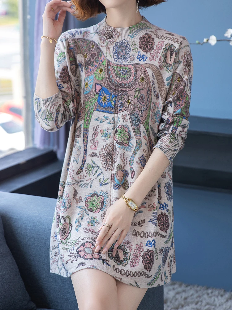 

Print Long Wool Sweaters Dress Spring Women Clothing Long Sleeve Femme Pullover Elasticity Loose Pulls Sweater For Women