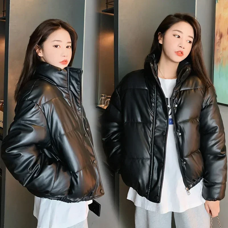 

New Women's 2023 Winter Korean Edition Cotton Coat Wash Free PU Leather Small Down Cotton Coat Thickened Coat Tide