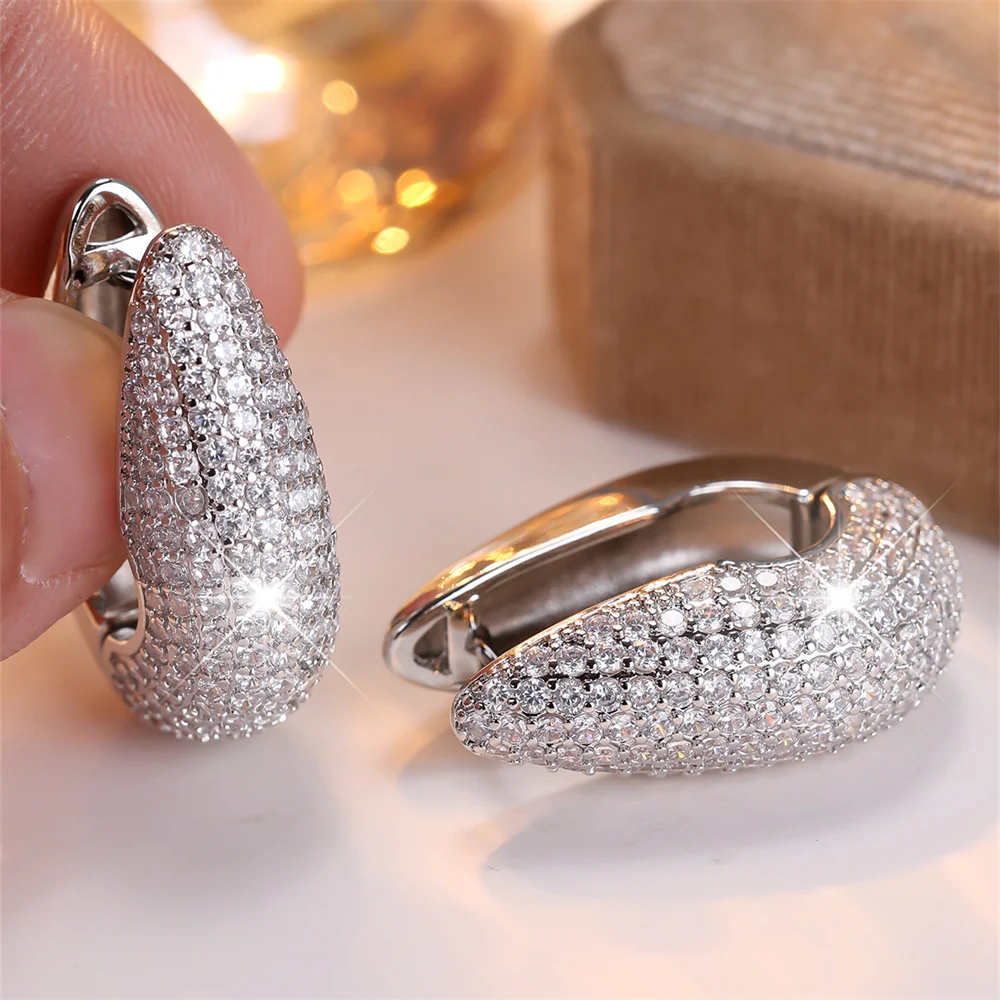 White Zircon Full Stone U Shaped Hoop Earrings For Women Vintage Gold Silver Color Ear Buckle Wedding Jewelry Versatile Gifts